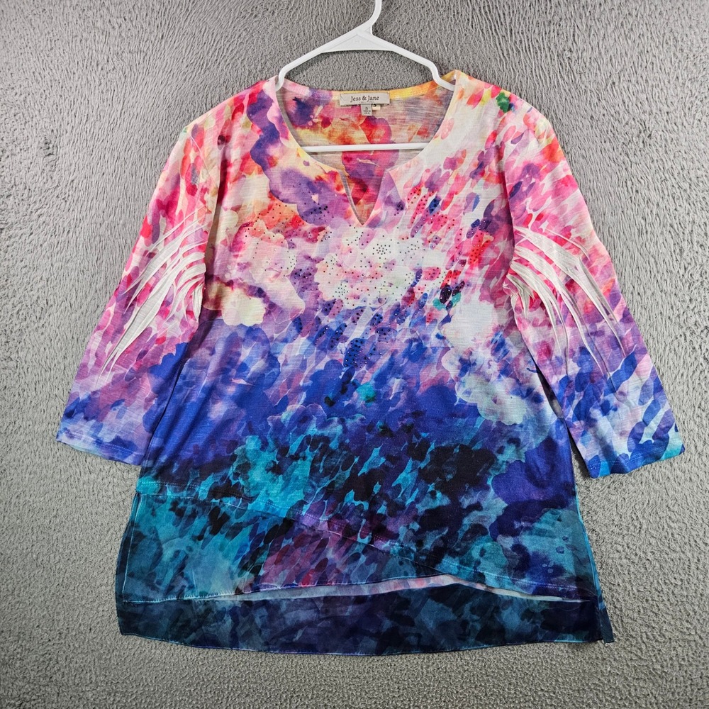 Jess‎ & Jane Womens Small Abstract Watercolor Rhinestone 3/4 Sleeve Top